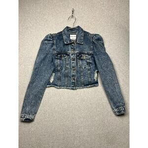 Highway Jeans Jacket Denim Puffed Sleeves Ripped Distressed Crop S USA Med Wash